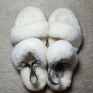 UGG white fluffy sandals w/ black slingback